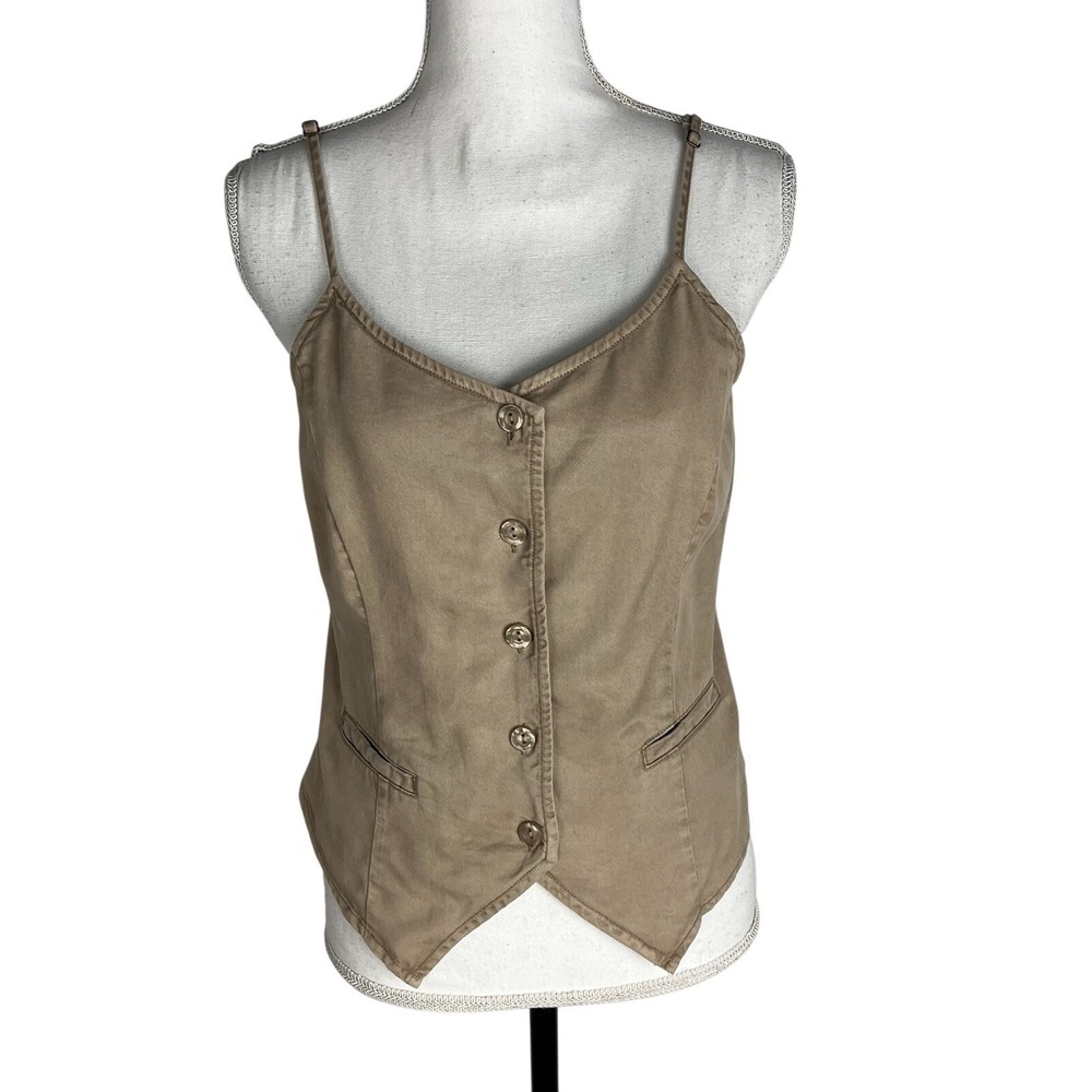 YFB Women Button Down Adjustable‎ Tab Lyocell Tailored Tate Vest Top Size M Tan